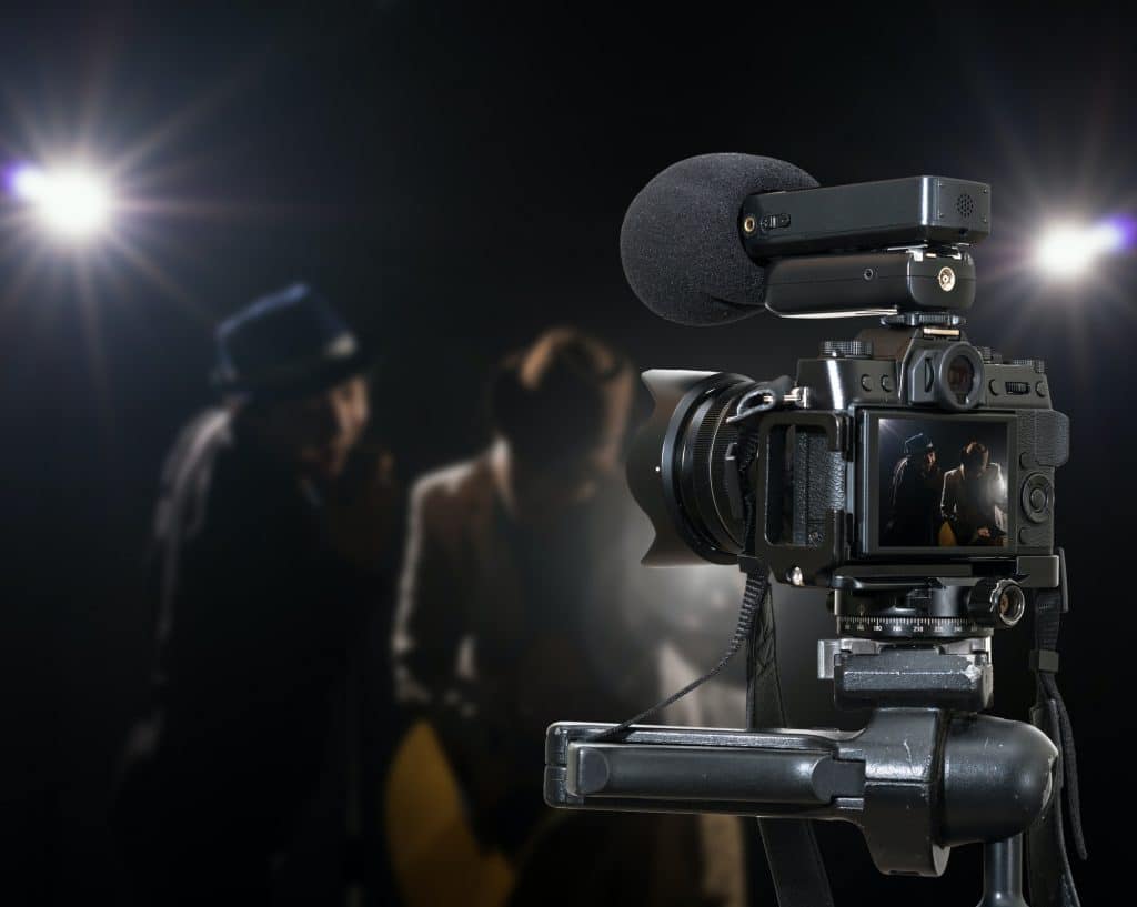 Professional digital Mirrorless camera with microphone recording video blog of Musician
